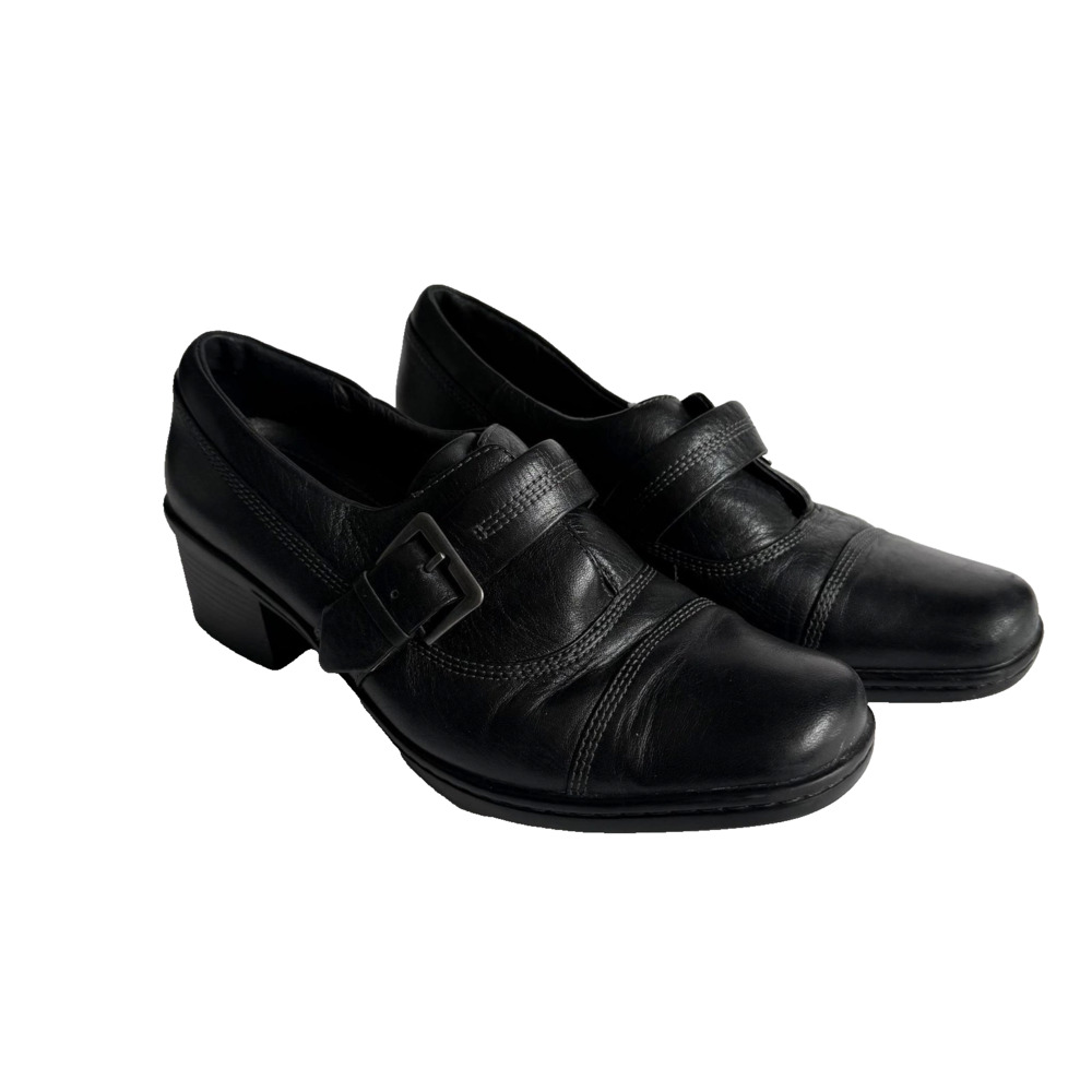 Clarks Loafer Shoes Womens Size 7.5 W Black Leather Buckle Comfort Work Wear